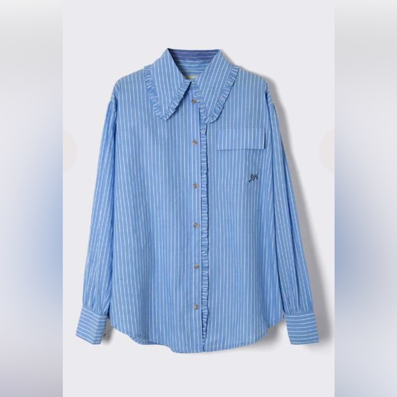 Damson Madder Kendall Ruffle Shirt In Blue Stripe Cotton Poplin - Picture 2 of 5